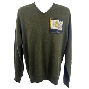Cashmere V-Neck in Khaki Green with Pavois Silk - XL