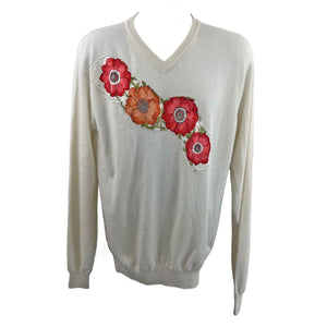 Cashmere V-Neck in Cream with Floral Silk - L