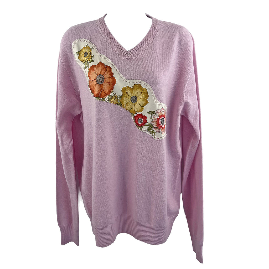 Cashmere V-Neck in Pastel with Floral Silk - M